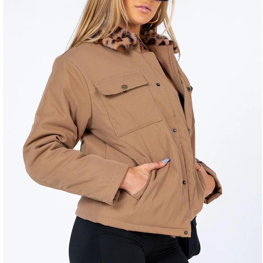 Princess Polly Jeroma Tan Puffy 100% Cotton Jacket Leopard Collar • Size S/M 🗣